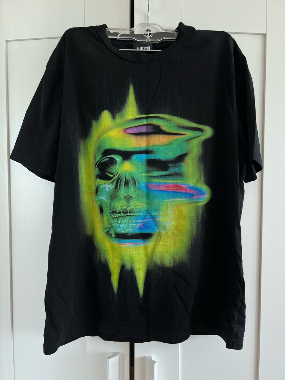Just Cavalli Black Short-Sleeve Tee with Neon Skull Graphic, size xs